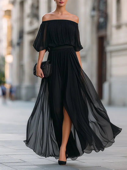 Women's Flowy Off Shoulder Maxi Wedding Guest Dress with Pleated