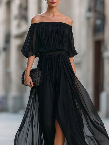 Women's Flowy Off Shoulder Maxi Wedding Guest Dress with Pleated