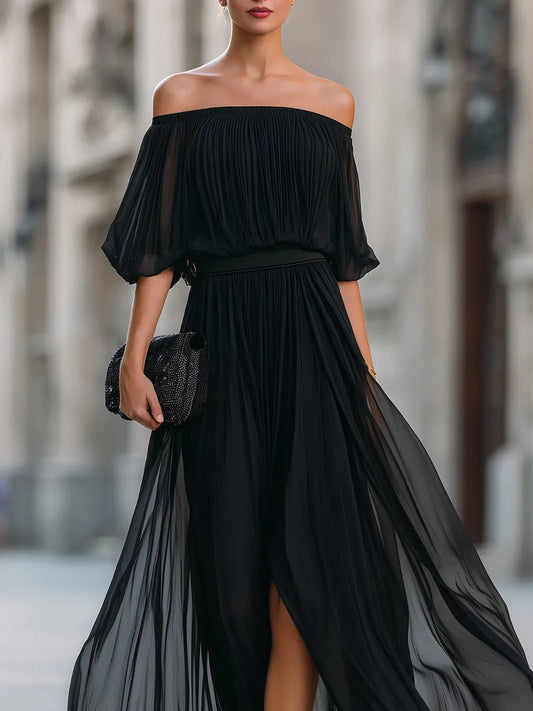 Women's Flowy Off Shoulder Maxi Wedding Guest Dress with Pleated