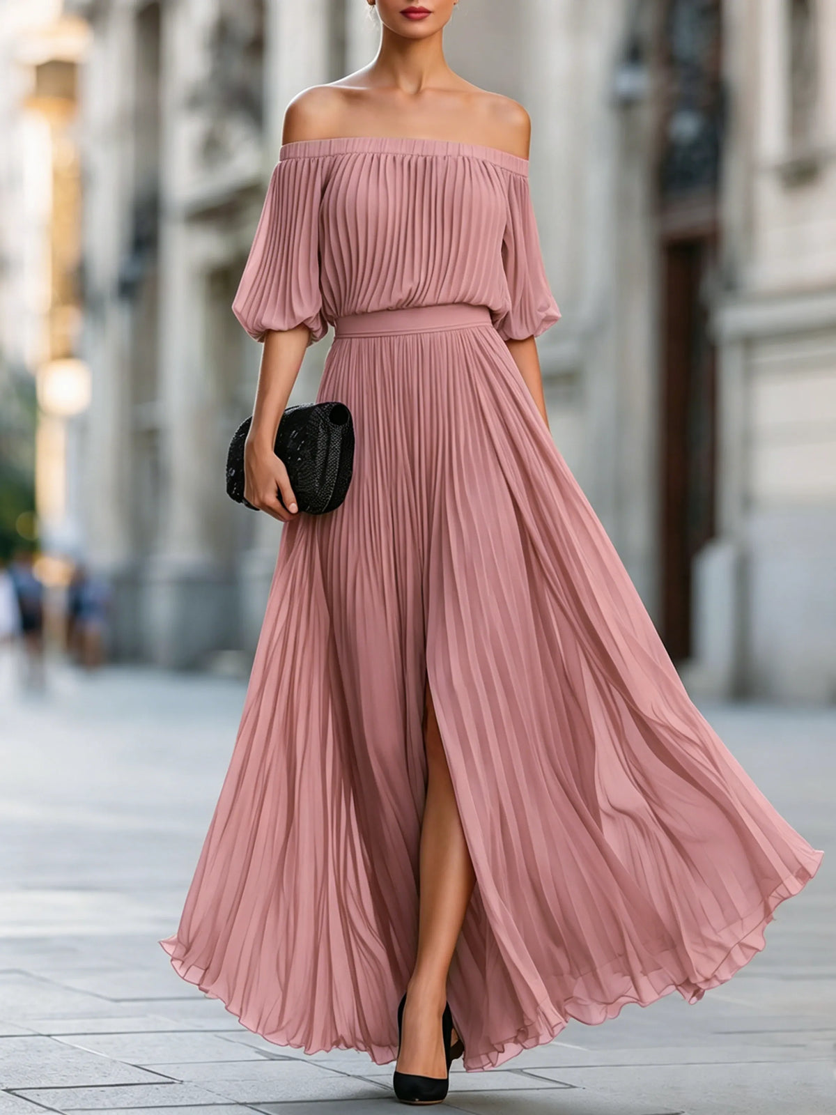 Women's Flowy Off Shoulder Maxi Wedding Guest Dress with Pleated