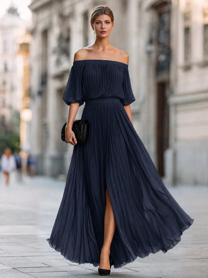 Women's Flowy Off Shoulder Maxi Wedding Guest Dress with Pleated