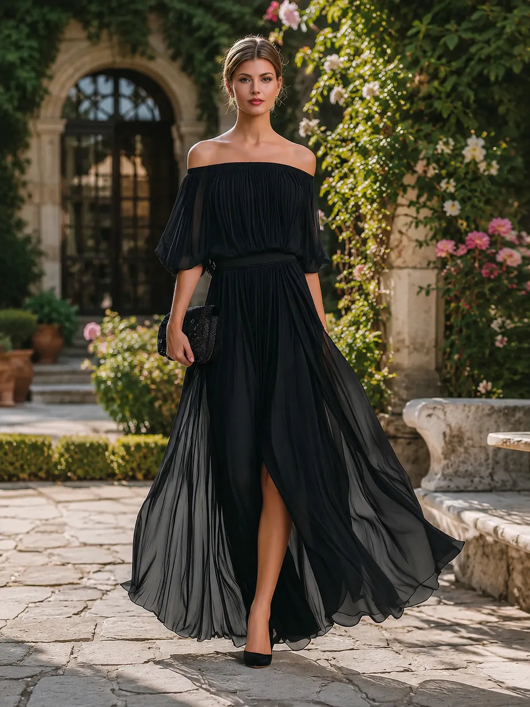Women's Flowy Off Shoulder Maxi Wedding Guest Dress with Pleated
