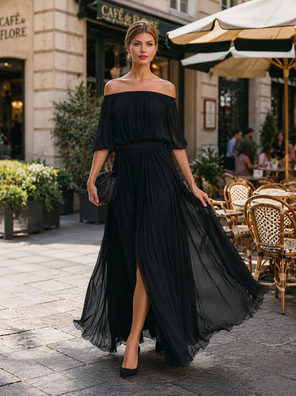 Women's Flowy Off Shoulder Maxi Wedding Guest Dress with Pleated