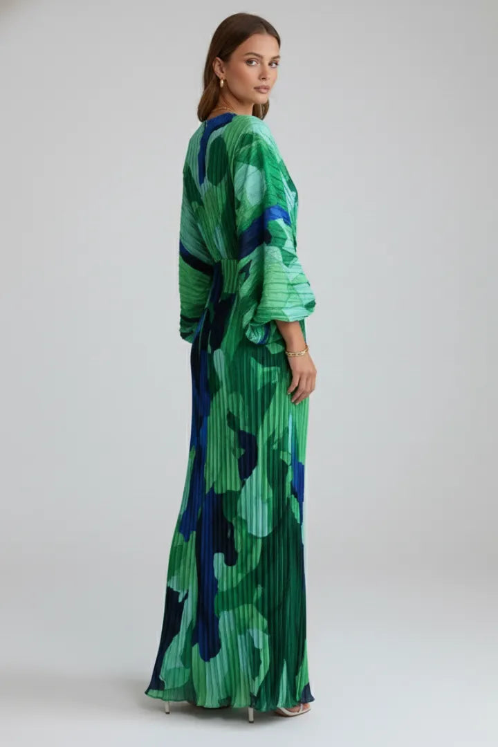 Women's Flowy Pleated Maxi Wedding Guest Dress with V-Neckline