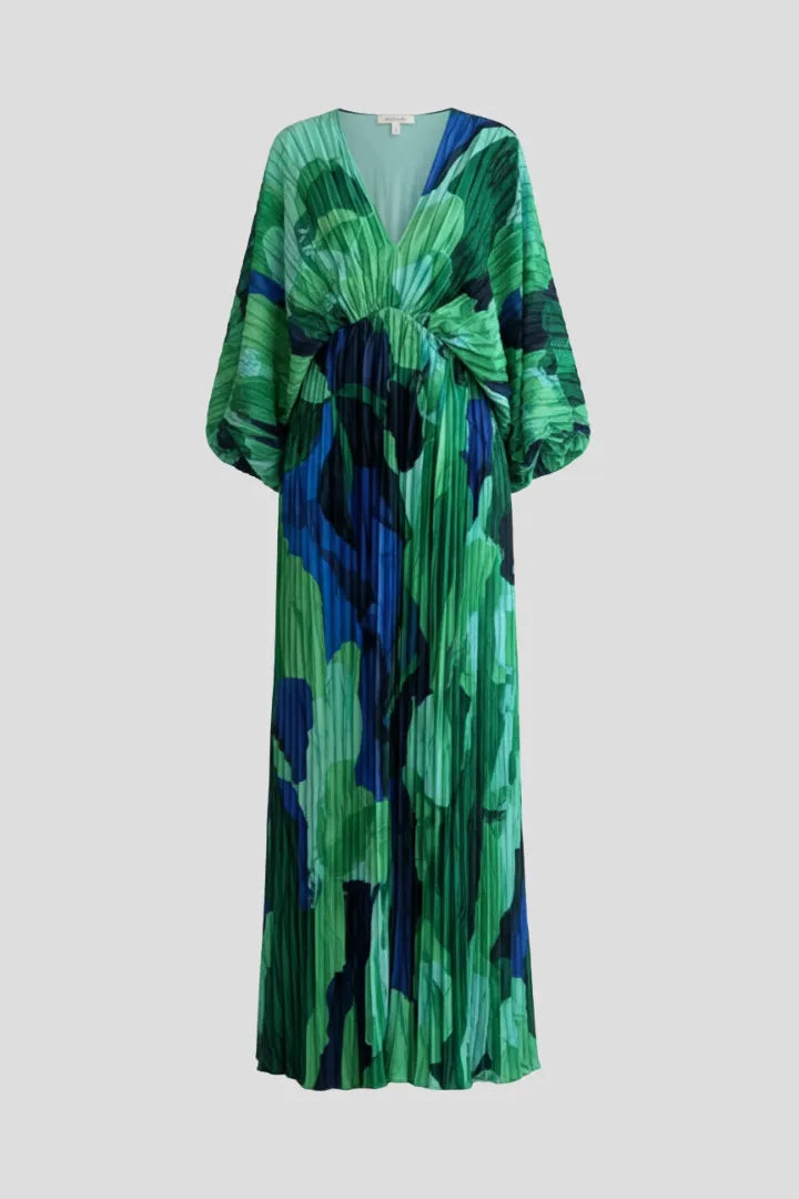 Women's Flowy Pleated Maxi Wedding Guest Dress with V-Neckline