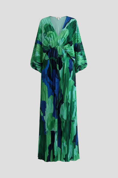 Women's Flowy Pleated Maxi Wedding Guest Dress with V-Neckline