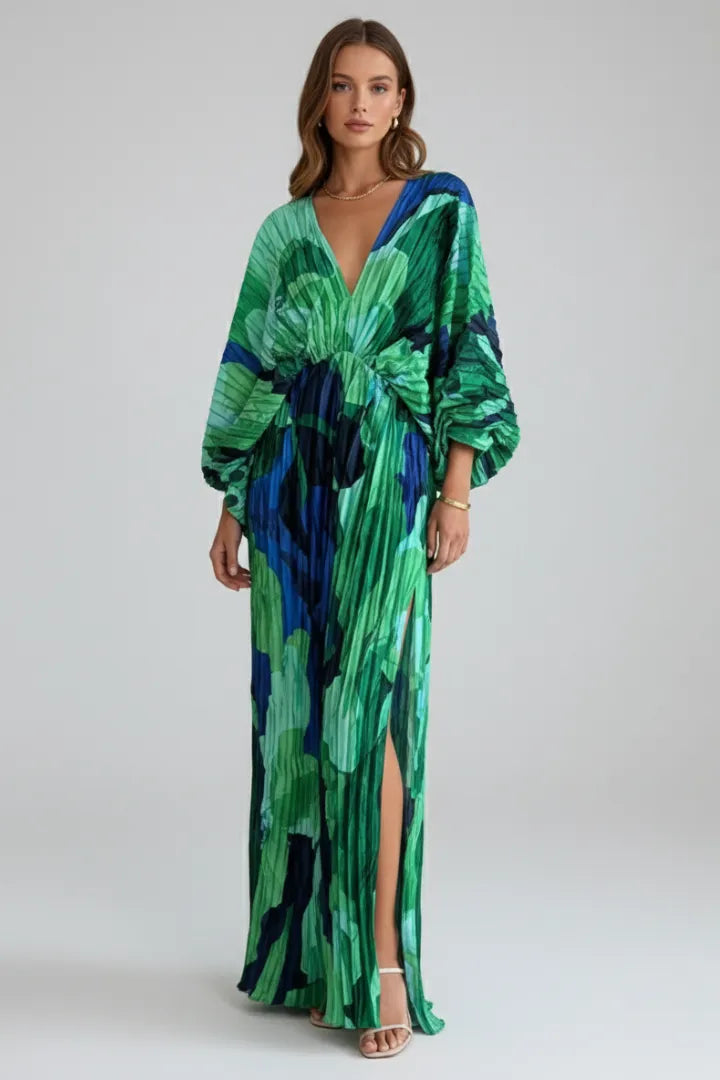 Women's Flowy Pleated Maxi Wedding Guest Dress with V-Neckline