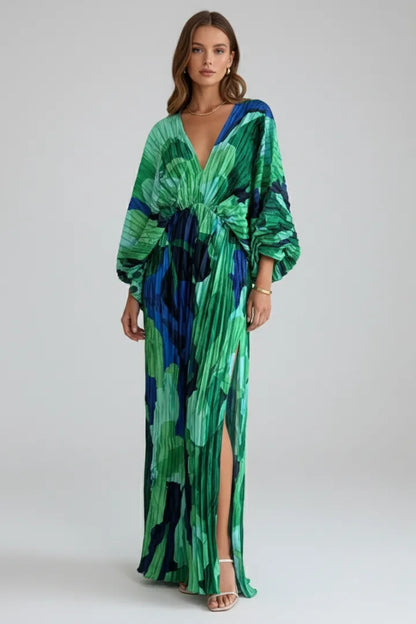 Women's Flowy Pleated Maxi Wedding Guest Dress with V-Neckline