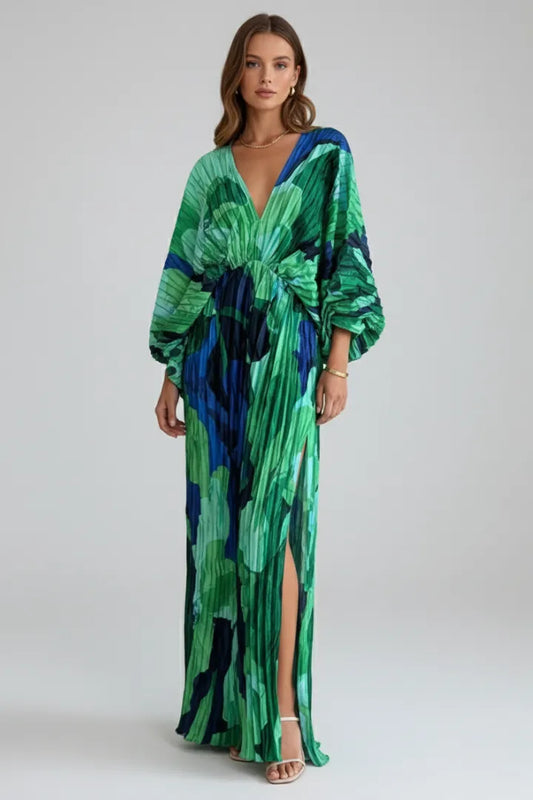 Women's Flowy Pleated Maxi Wedding Guest Dress with V-Neckline