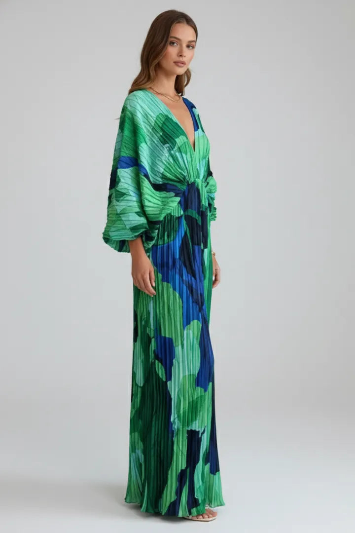 Women's Flowy Pleated Maxi Wedding Guest Dress with V-Neckline