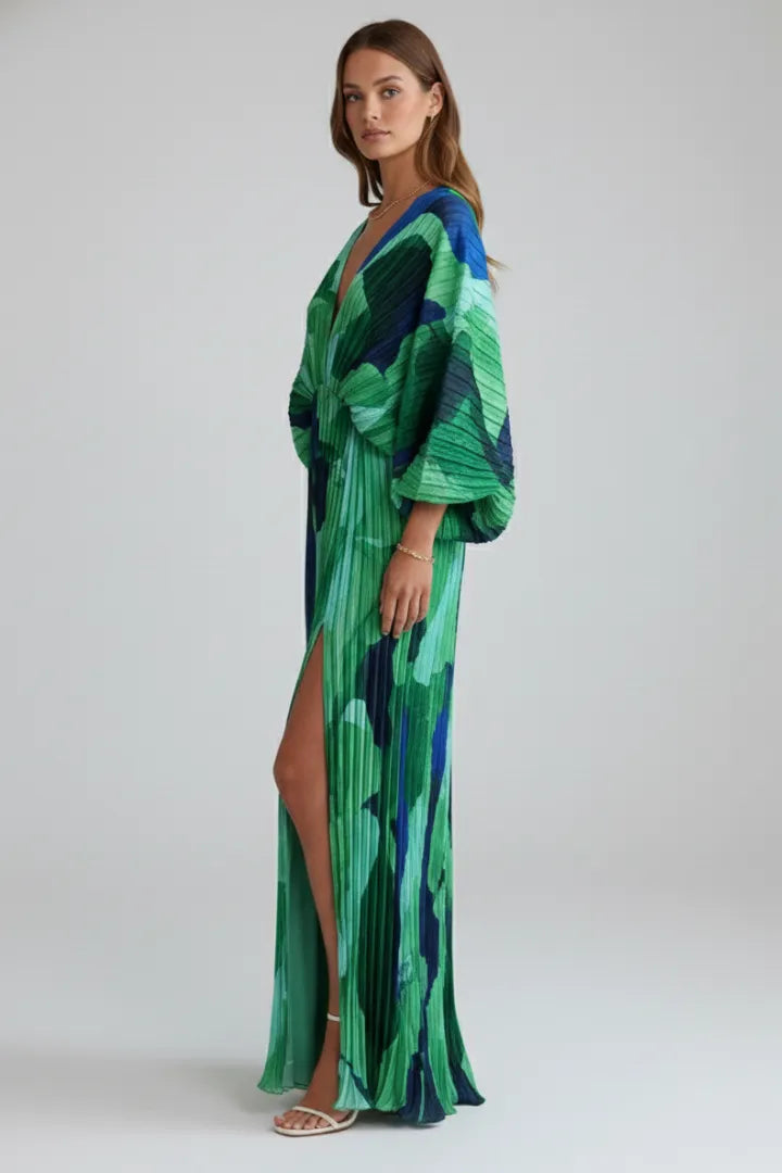 Women's Flowy Pleated Maxi Wedding Guest Dress with V-Neckline