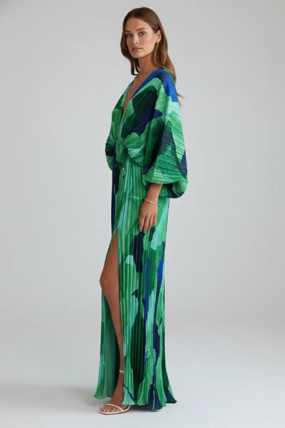 Women's Flowy Pleated Maxi Wedding Guest Dress with V-Neckline