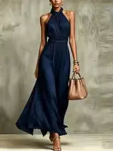 Women's Flowy Turtleneck Maxi Wedding Guest Dress with Halter Neck