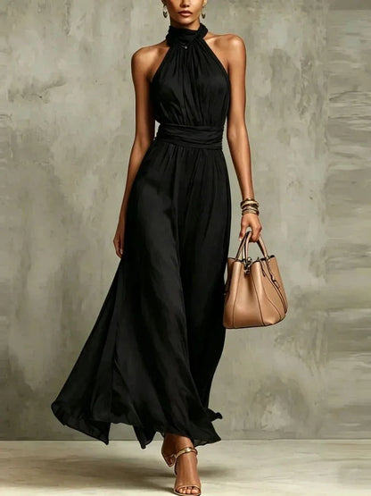 Women's Flowy Turtleneck Maxi Wedding Guest Dress with Halter Neck