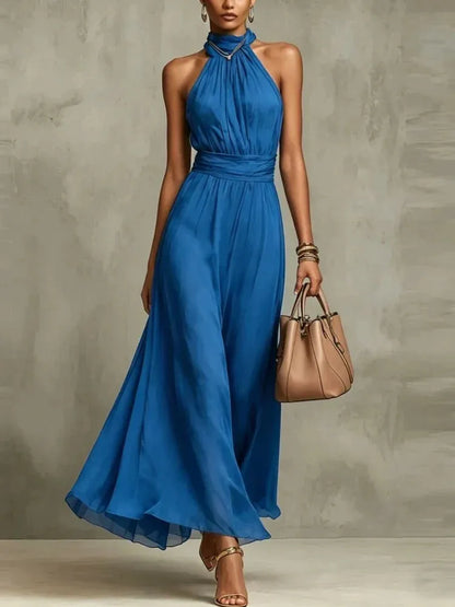 Women's Flowy Turtleneck Maxi Wedding Guest Dress with Halter Neck