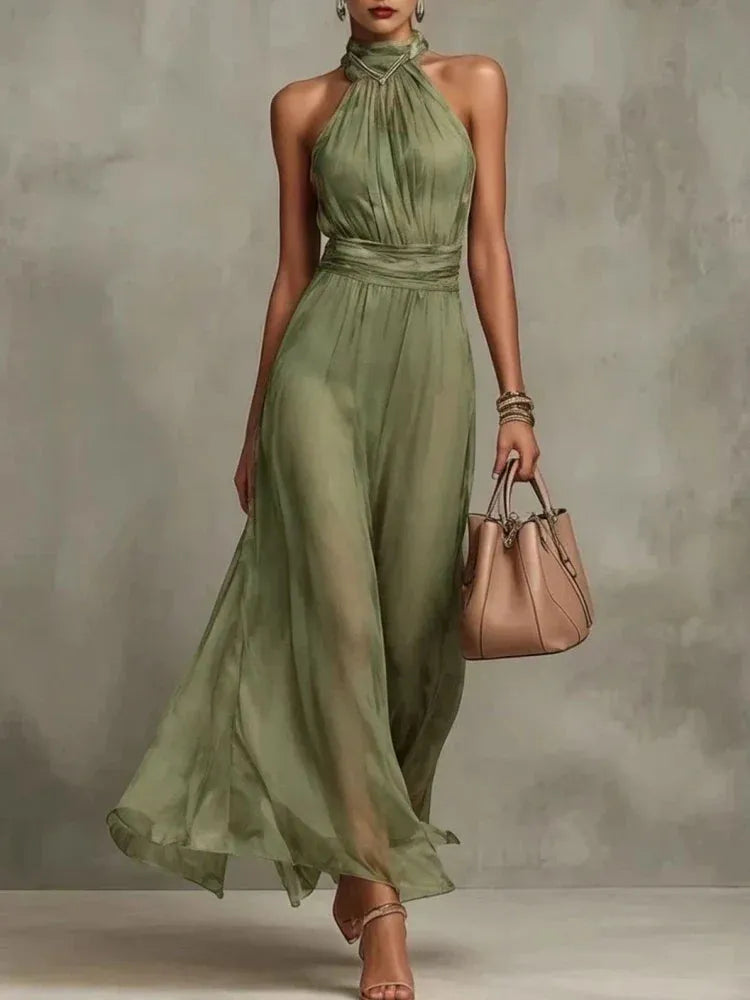 Women's Flowy Turtleneck Maxi Wedding Guest Dress with Halter Neck