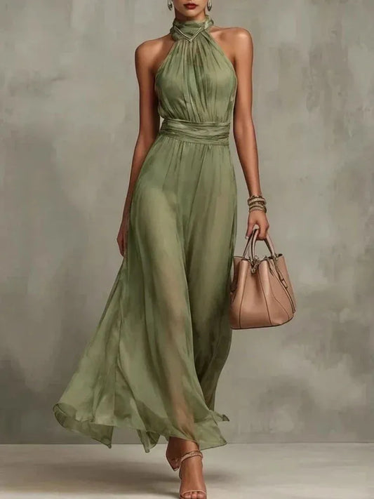 Women's Flowy Turtleneck Maxi Wedding Guest Dress with Halter Neck