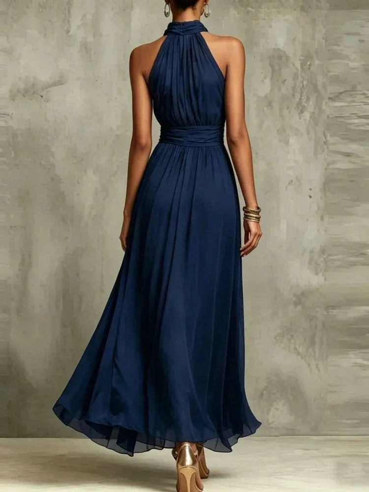 Women's Flowy Turtleneck Maxi Wedding Guest Dress with Halter Neck