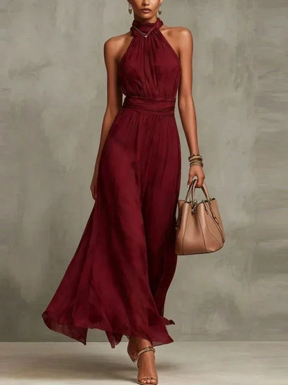 Women's Flowy Turtleneck Maxi Wedding Guest Dress with Halter Neck