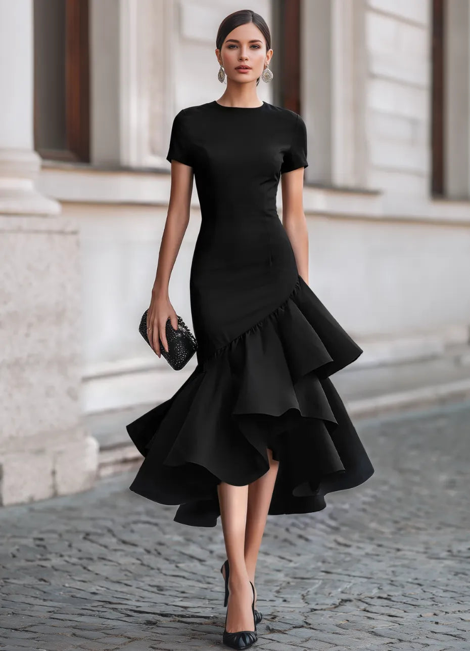 Women's Formal Asymmetrical Midi Wedding Guest Dress with Ruffle