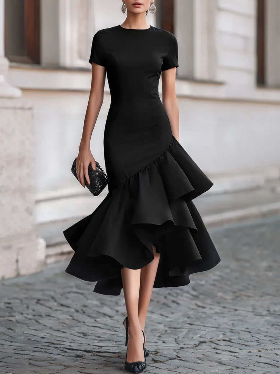 Women's Formal Asymmetrical Midi Wedding Guest Dress with Ruffle