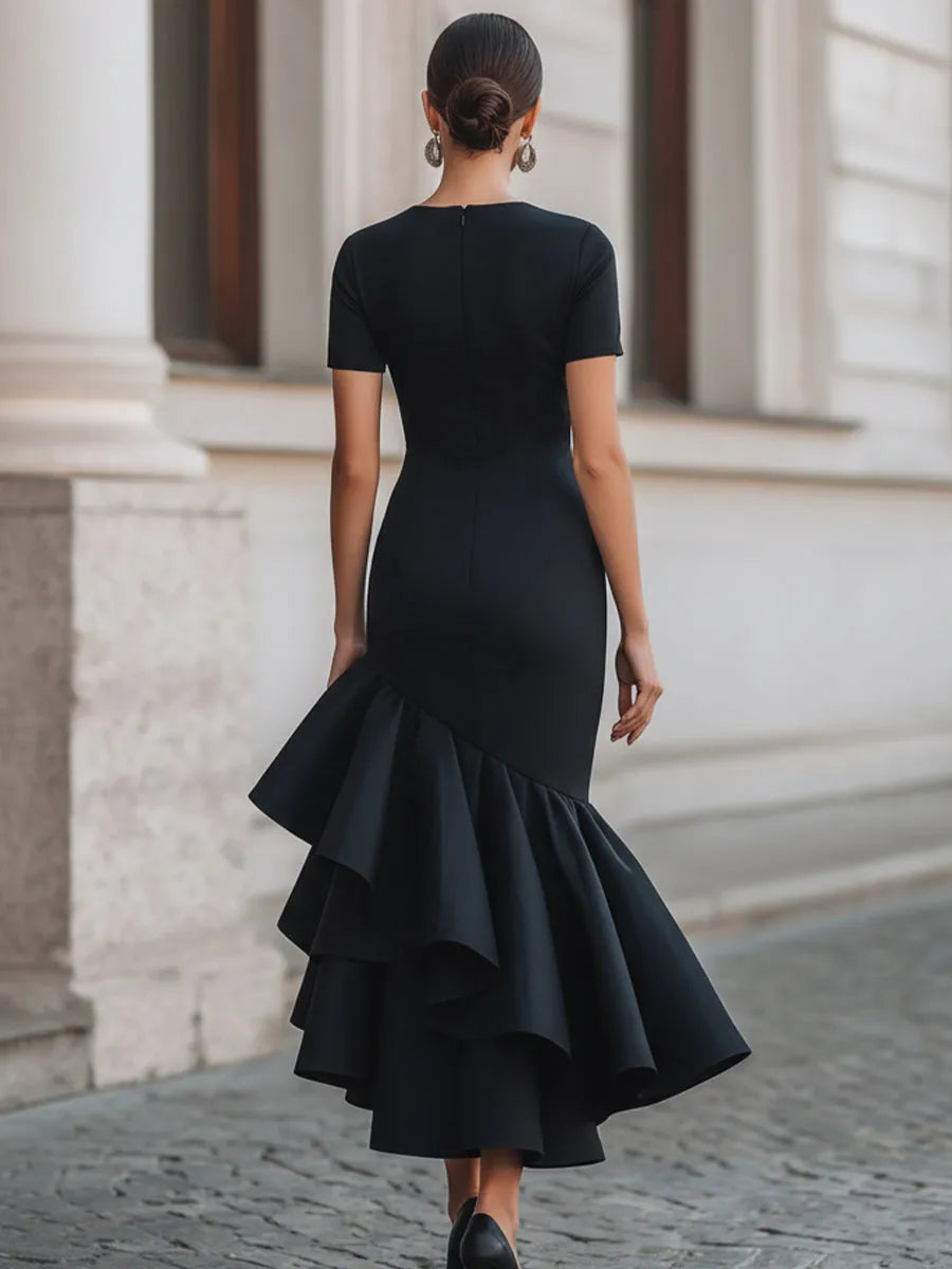 Women's Formal Asymmetrical Midi Wedding Guest Dress with Ruffle