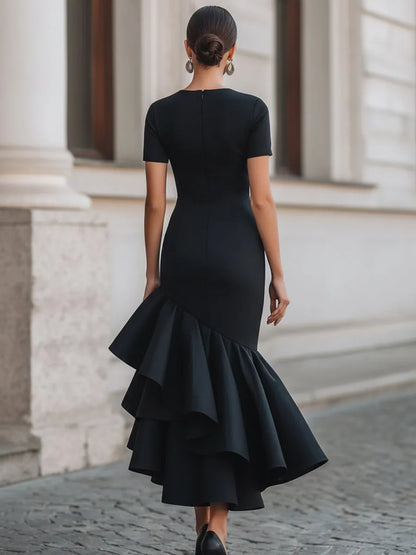 Women's Formal Asymmetrical Midi Wedding Guest Dress with Ruffle