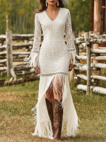 Women’s Formal Boho Maxi Wedding Guest Dress with Fringe
