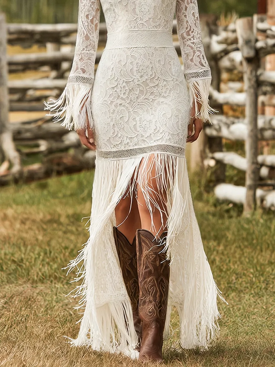 Women’s Formal Boho Maxi Wedding Guest Dress with Fringe