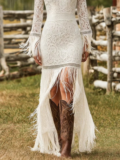 Women’s Formal Boho Maxi Wedding Guest Dress with Fringe