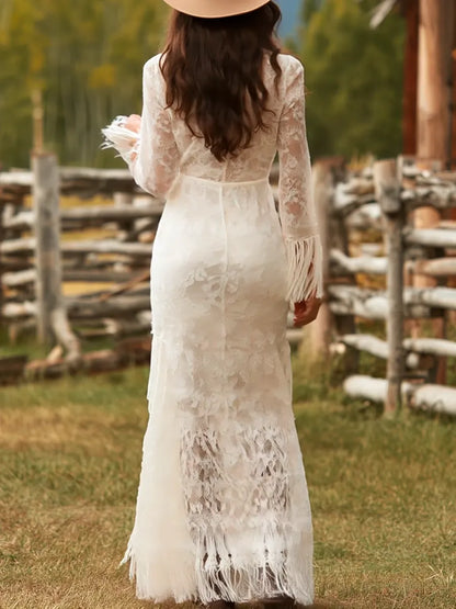 Women’s Formal Boho Maxi Wedding Guest Dress with Fringe