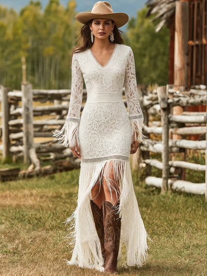 Women’s Formal Boho Maxi Wedding Guest Dress with Fringe