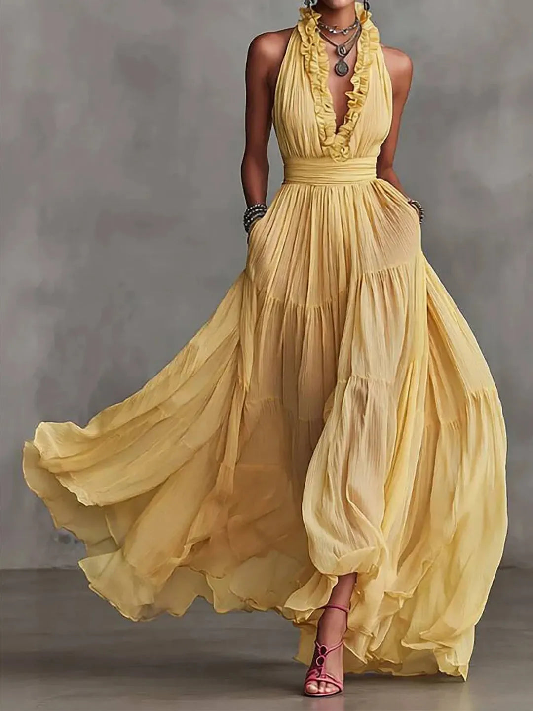 Women's Formal Boho Maxi Wedding Guest Dress with Halter Neck