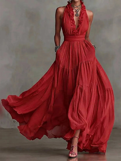 Women's Formal Boho Maxi Wedding Guest Dress with Halter Neck