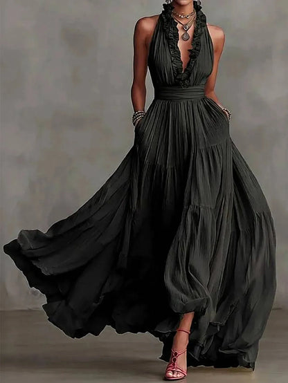 Women's Formal Boho Maxi Wedding Guest Dress with Halter Neck
