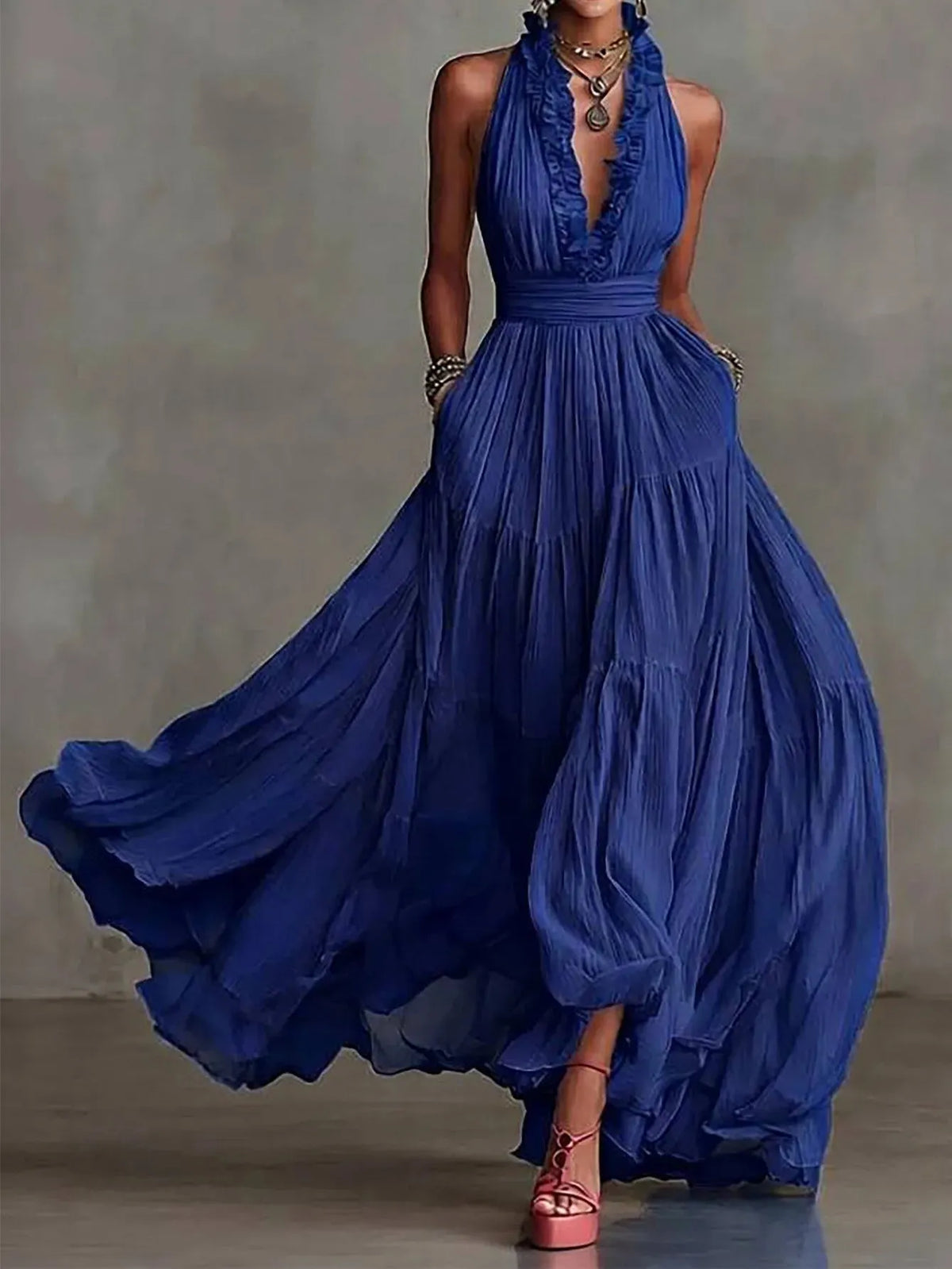 Women's Formal Boho Maxi Wedding Guest Dress with Halter Neck
