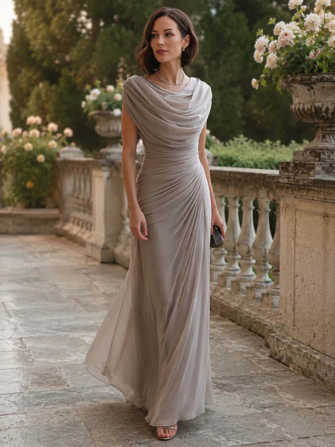Women's Formal Cowl Neck Maxi Wedding Guest Dress with Ruched