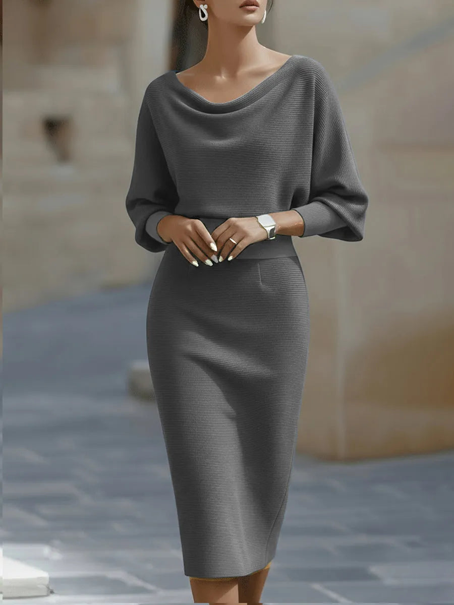 Women's Formal Cowl Neck Midi Wedding Guest Dress with Batwing Sleeve