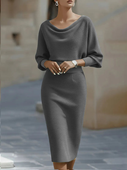 Women's Formal Cowl Neck Midi Wedding Guest Dress with Batwing Sleeve
