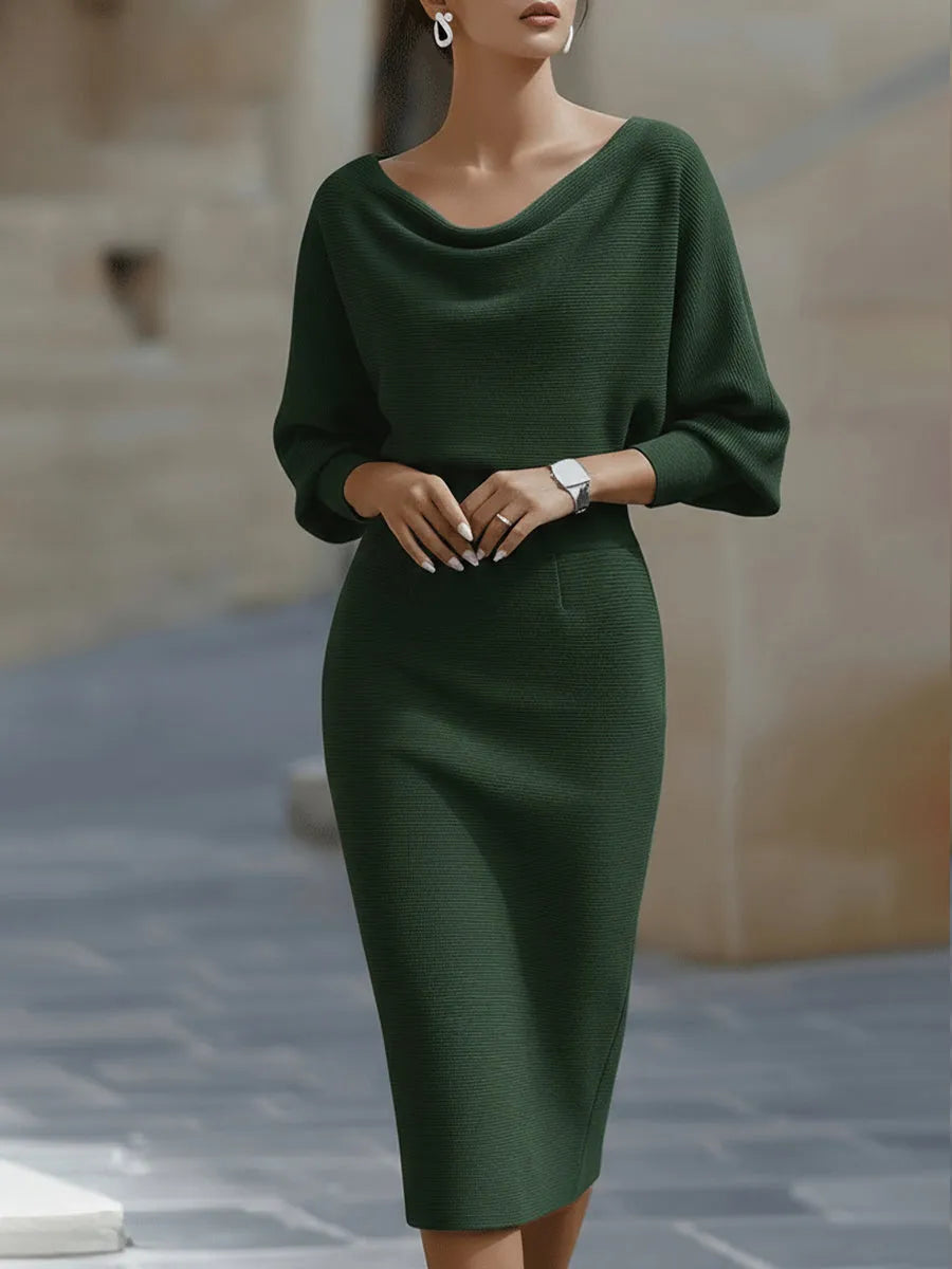 Women's Formal Cowl Neck Midi Wedding Guest Dress with Batwing Sleeve