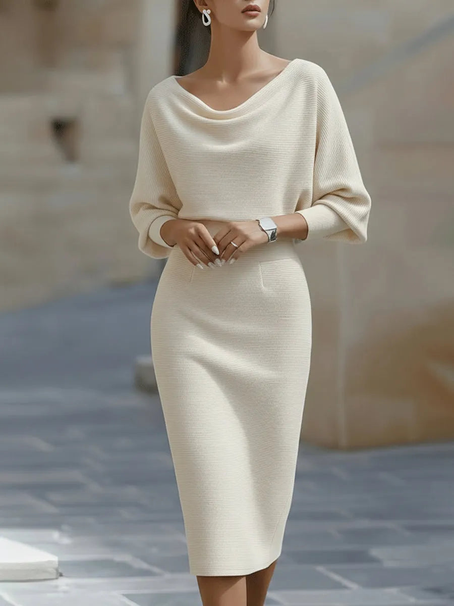 Women's Formal Cowl Neck Midi Wedding Guest Dress with Batwing Sleeve