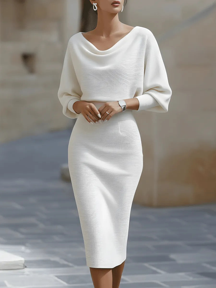 Women's Formal Cowl Neck Midi Wedding Guest Dress with Batwing Sleeve