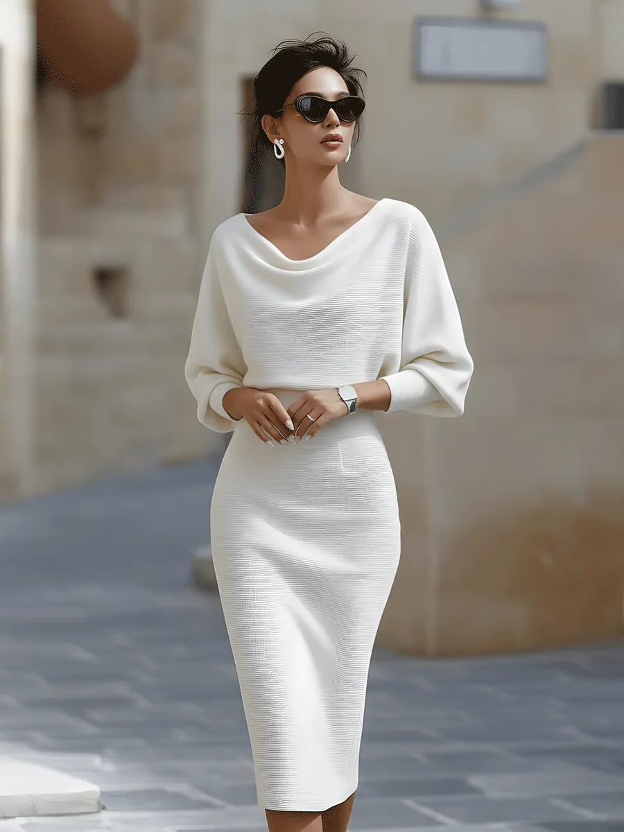 Women's Formal Cowl Neck Midi Wedding Guest Dress with Batwing Sleeve