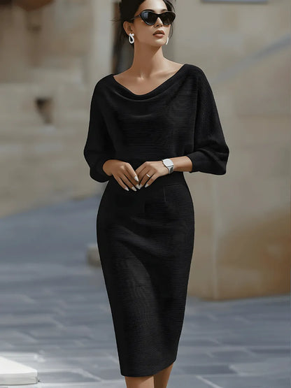 Women's Formal Cowl Neck Midi Wedding Guest Dress with Batwing Sleeve