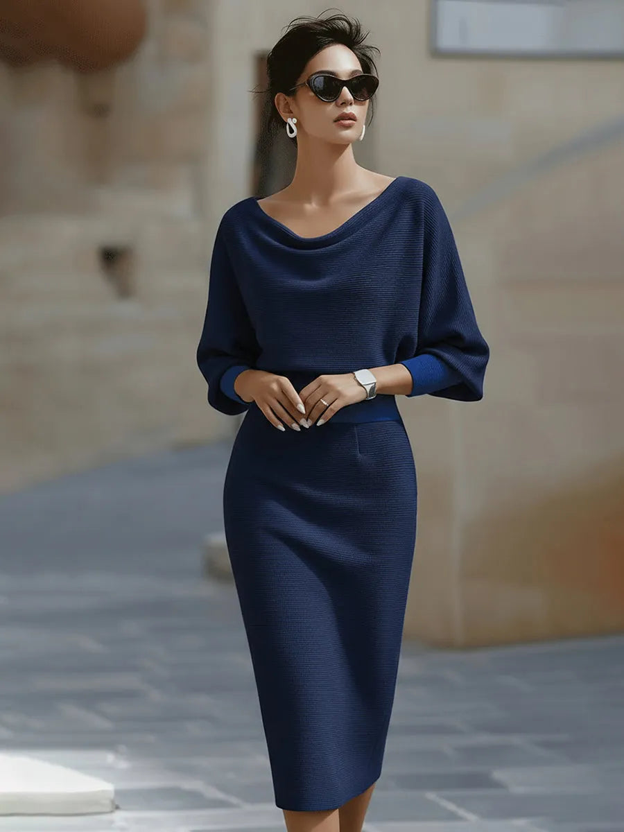 Women's Formal Cowl Neck Midi Wedding Guest Dress with Batwing Sleeve