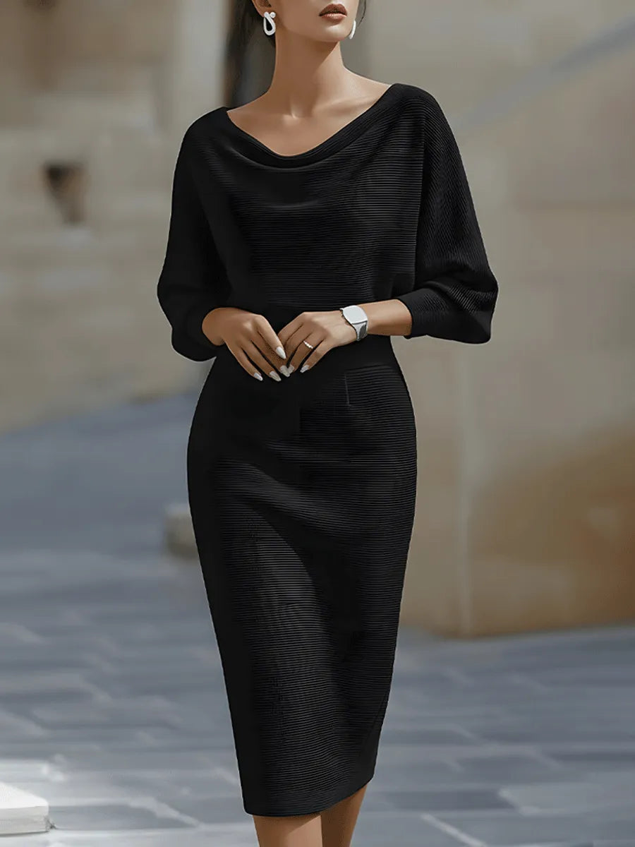 Women's Formal Cowl Neck Midi Wedding Guest Dress with Batwing Sleeve