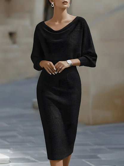 Women's Formal Cowl Neck Midi Wedding Guest Dress with Batwing Sleeve