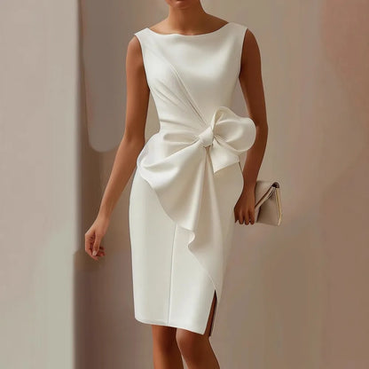 Women's Formal Evening Midi Wedding Guest Dress with Bow