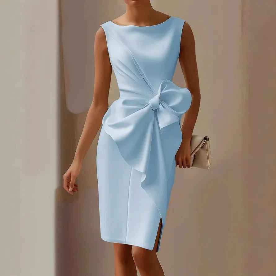 Women's Formal Evening Midi Wedding Guest Dress with Bow