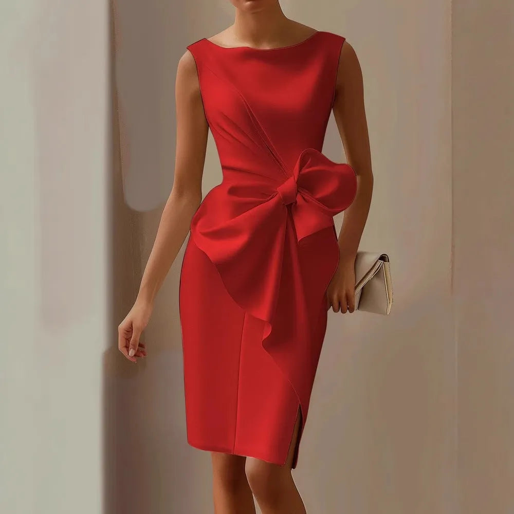 Women's Formal Evening Midi Wedding Guest Dress with Bow